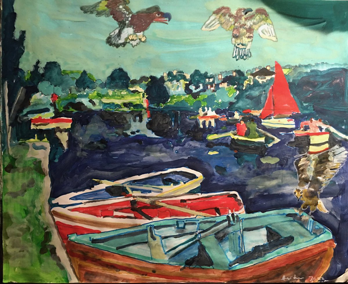 amitallman1's tweet photo. Ami Tallman: eagle attack on the rowboats at Newquay
ink, acrylic, gouache, tempera, and colored pencil on paper
17” x 14 inches 
#newquay #amitallman #bluechipaf  #earnesty #irrigourous @rexatious #feyfists #womenartists #prettyviolent #artcentermfa https://t.co/e91Ufqho8z