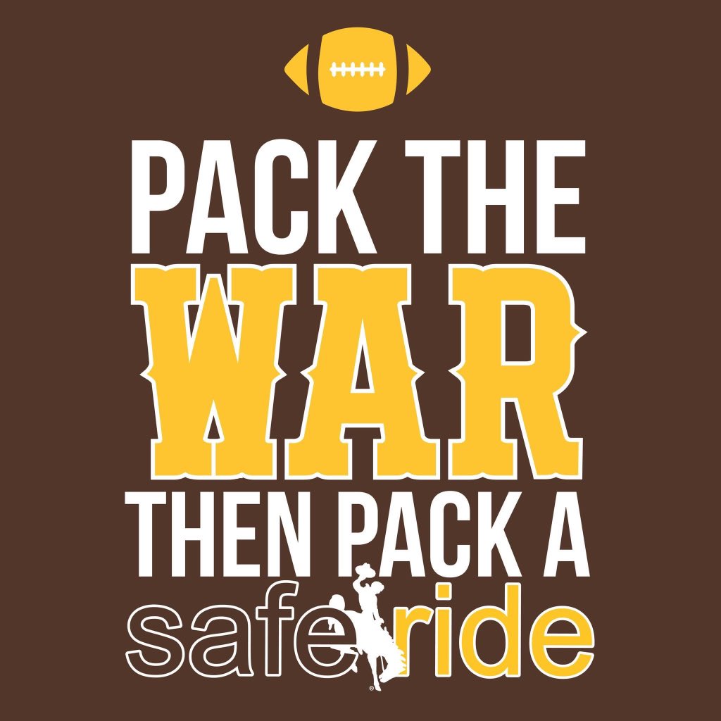 SafeRideUWYO's tweet photo. Pack the War then Pack a SafeRide. 
🤠 🏈 🐻
We will be open today until 2:00 a.m. so be sure to request a ride through the UWYO SafeRide app! https://t.co/QVtoHmZyTb