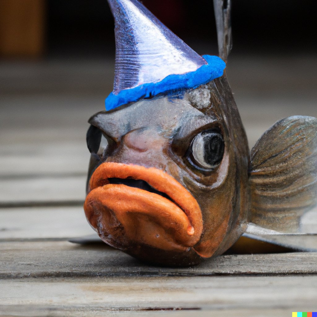 n4atki's tweet photo. The image below is AI-generated ⚠️
(I asked DALL E to create a displeased fish out of water, wearing a funny hat. did not disappoint) #dalle2  #OpenAI https://t.co/VcyHtlw4Yw