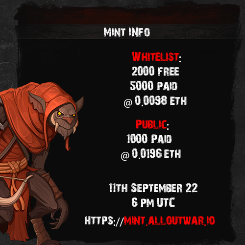 alloutwarnft's tweet photo. 😈Mint Details👹

🗓 Sunday, September 11th: 6pm UTC
https://t.co/ajL4hx3jr1

1000 Public Mints will be available at time of WL mint. 

More details in discord: 
https://t.co/7r520U4X0d

See you all there! 🔥

*Only use the mint link above to mint. 

#freemint #pvp #eth #nfts https://t.co/o4L1rmjGbZ
