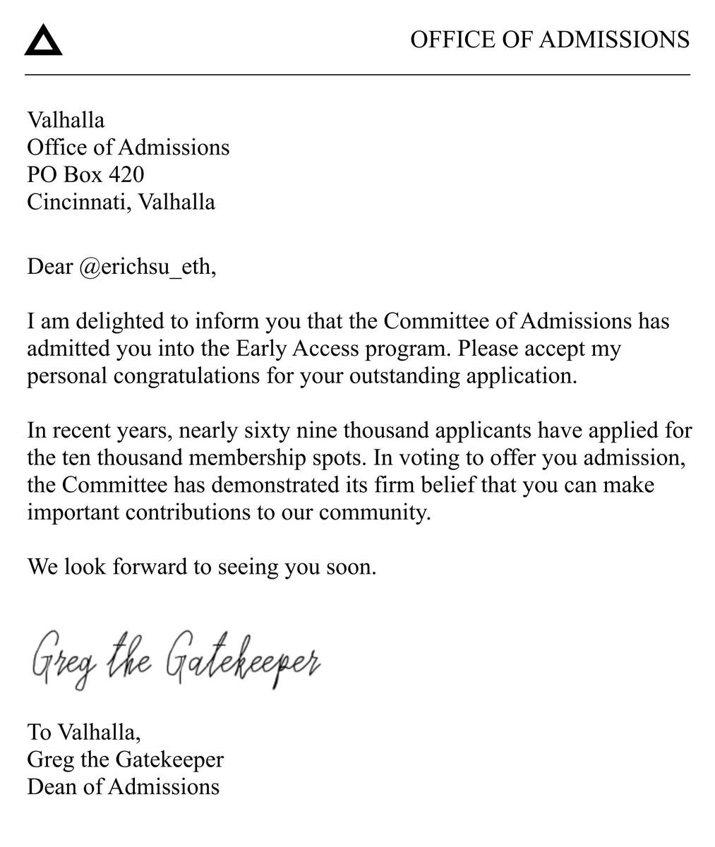 Dear <a href="/erichsu_eth/">Erichsu.eth</a>, after extensive review, I'm pleased to welcome you to <a href="/joinvalhalla/">VALHALLA Community</a>. 

Please accept my personal congratulations for your outstanding achievements.

New member orientation occurs every Wednesday at 6PM PST on our Discord. See you there!

🫡