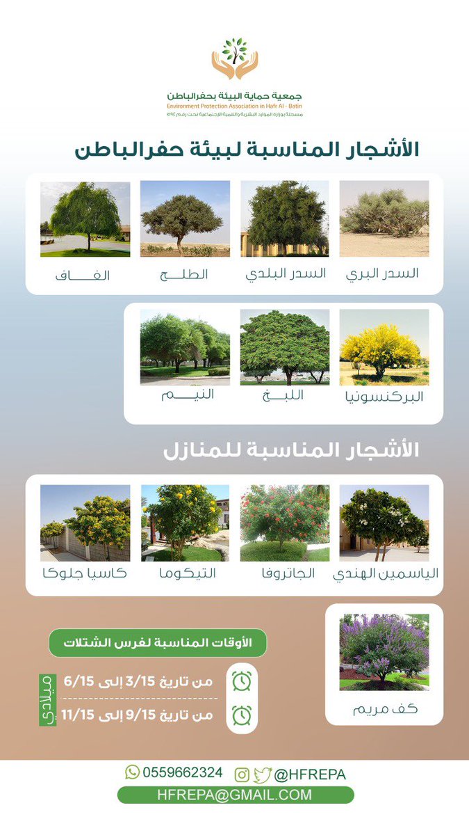انطلاقاً من مبادرة #السعودية_الخضراء

وبمناسبة قُرب موعد غرس الشتلات 
هذه الأشجار المناسبة لبيئة حفرالباطن 🌳

لنتعاون سوياً في تنمية الغطاء النباتي ومكافحة التصحر