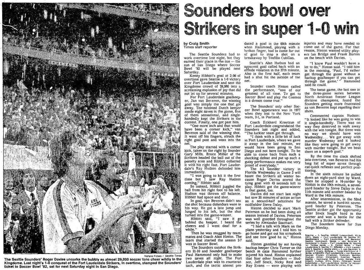 WA_Legends's tweet photo. It is epic. Before the biggest crowd in 15 months, Kenny Hibbitt applies the magical overtime touch for the second time in three nights – and the Sounders are on their way to Soccer Bowl. Once again, they will face the Cosmos. #OTD 1982 #TimeMachineSounders1982 https://t.co/cyM8BVM0At