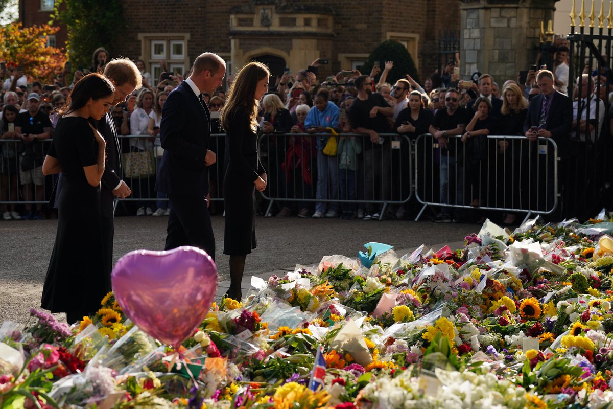 The Prince and Princess of Wales and The Duke and Duchess of Sussex meet members of the public and view the flowers and messages that have been left outside Windsor Castle in tribute to The Queen. - <a href="/RoyalFamily/">The Royal Family</a>