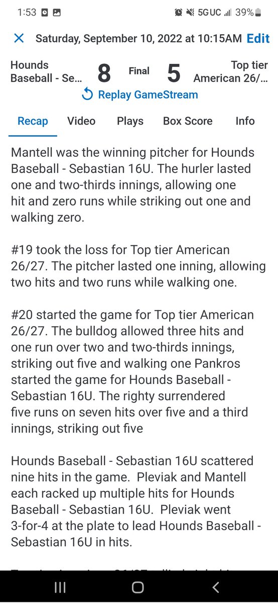 CoachSebastian6's tweet photo. @houndsplayball came back in game 2 and fought back in the top of the seventh to pull out the win against a very good Top Tier team. Comeback was started off with a big double by @rookroberts3 and a big hit by @WPleviak. @luke_mantell got the win and a big sac fly in the 7th. https://t.co/vYIE7WDb2F