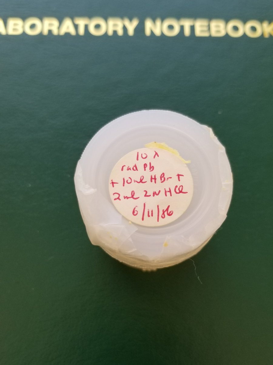 J_Ramez's tweet photo. Someone's chemistry column calibration solution from 1986! Rad Pb+HBr+2N HCl. And there is still solution in it ... #isotopes #labhistory https://t.co/10ViOYT7Nn