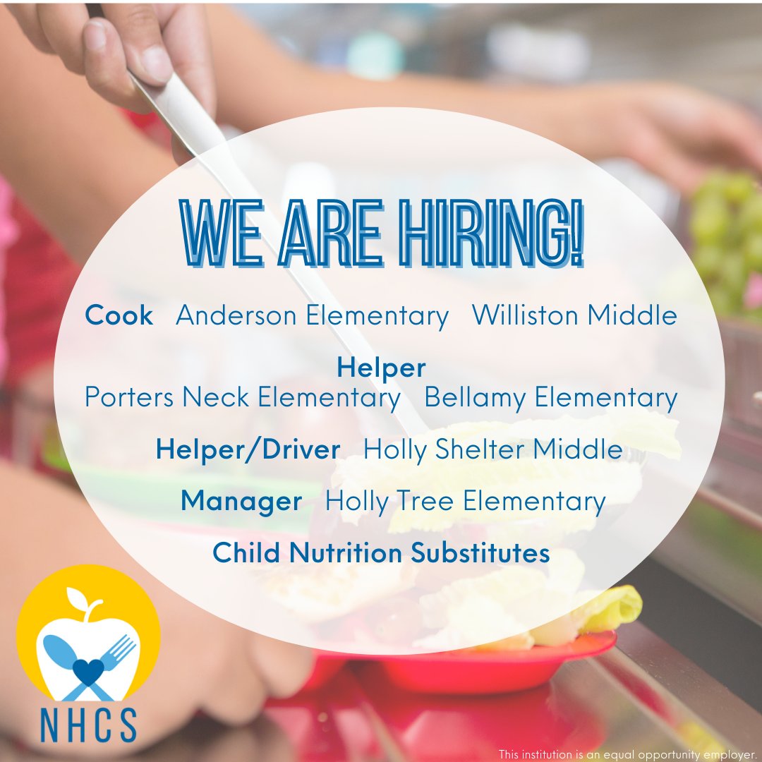 Apply today! applitrack.com/nhcs/onlineapp…
<a href="/NewHanoverCoSch/">New Hanover County Schools</a> @sna_nc @schoollunch