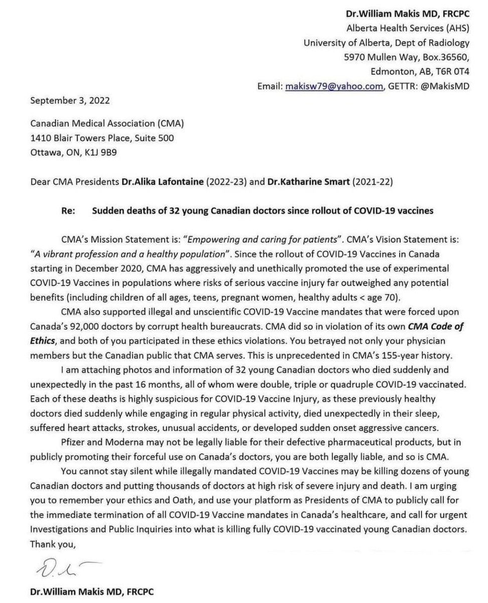 Kudos to an Alberta Doctor asking for an investigation concerning the recent deaths of 32 YES “THIRTY TWO” young doctors in #Canada #SADS #VaxScam #StopTheShots #VAIDS #StopTheMandates #TrudeauCorruption