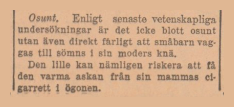 faktoider's tweet photo. Senaste nytt (1937) från vetenskapen: Vagga inte småbarn till sömns i ditt knä! https://t.co/ag58pZnNTU