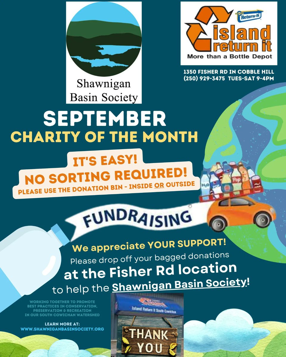 We're so thankful for the support from Island Return-It (South Cowichan) ...and people like you! 😍
It's EASY - just drop off your donated returnables (No Sorting Required!) for September's "Charity of the Month" 💙
Thank you!! 🚣
#Shawnigan #SouthCowichan
#Watershed