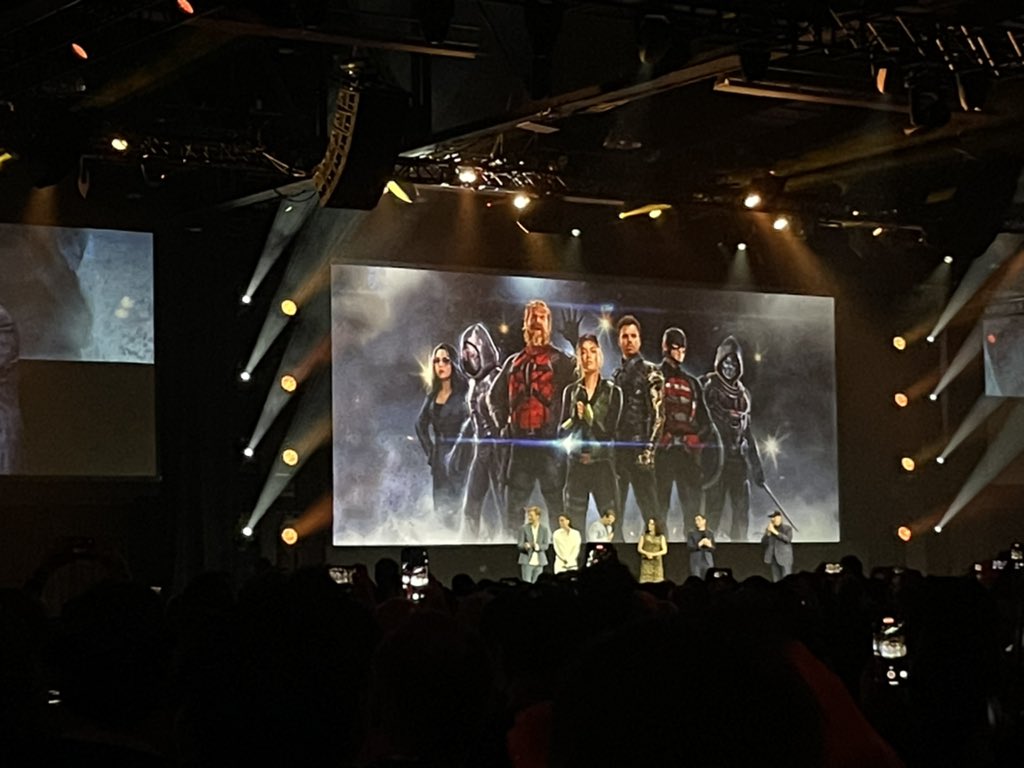 eavoss's tweet image. Thunderbolts cast: Julia Louis Dreyfus, Red Guardian, Ghost, John Walker, Taskmaster, Yelena Belova, and BUCKY!