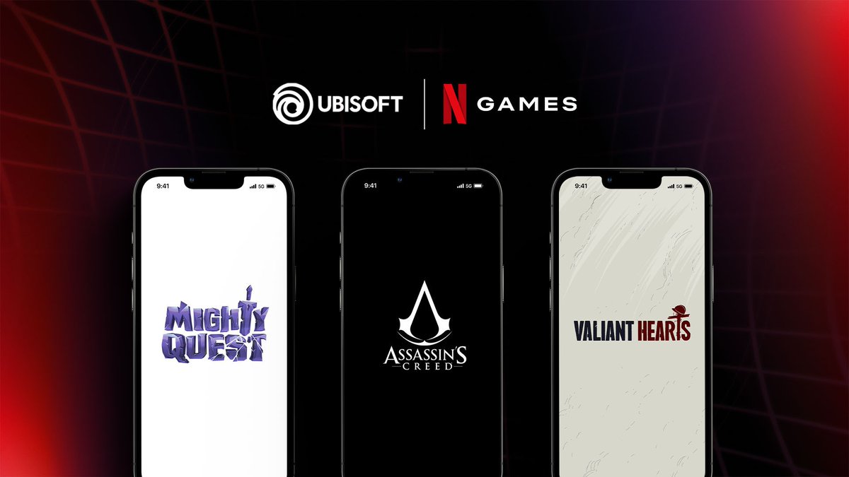 Ubisoft's tweet photo. Netflix 🤝 Ubisoft 

⚔ Mighty Quest game
♥ A new Valiant Hearts game
🦅 Assassin's Creed game AND live-action show!

Stay tuned for more info 👀 https://t.co/KaXRVhB0QH