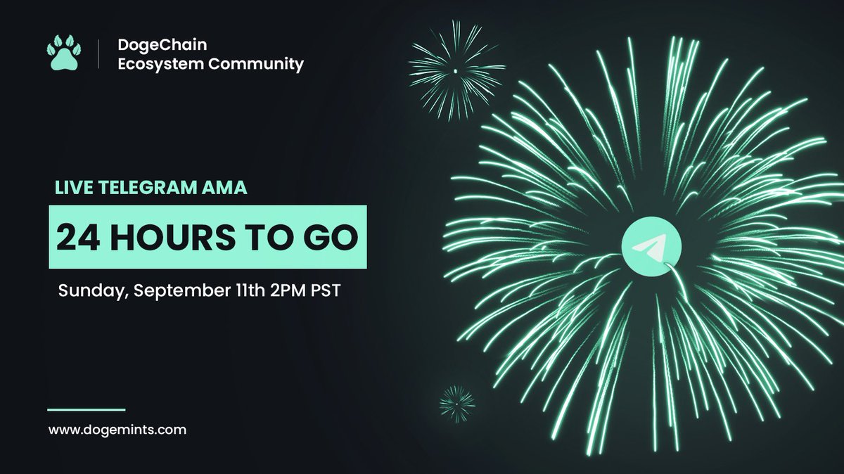 Less than 24 hours until the #DogeChain Pulse Telegram AMA 🔥 

Join us live <a href="/DogeMintsMarket/">Doge Mints | DOGECHAIN 💸🐕</a> and <a href="/DCecosystem/">Dogechain Ecosystem</a> at 2PM EST tomorrow Sept. 11th ⏰ 

Retweet &amp; join TG below for more details!!!
👉 t.me/dogemintsoffic…