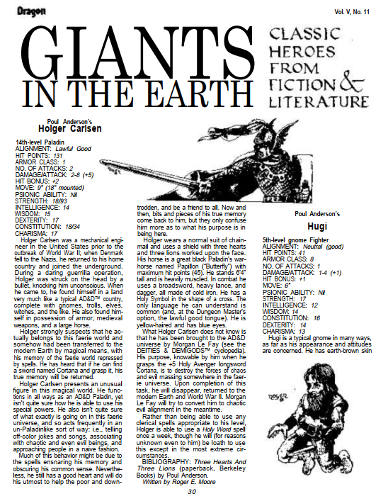 CalstaffTheGold's tweet photo. In Dragon #49 (May/81), Roger E. Moore stats out three more characters from fiction in this installment of "Giants in the Earth": Holger Carlsen, Hugi, & Ellide.
#1e #ADnD #CharacterStats https://t.co/ndnDQWIGES