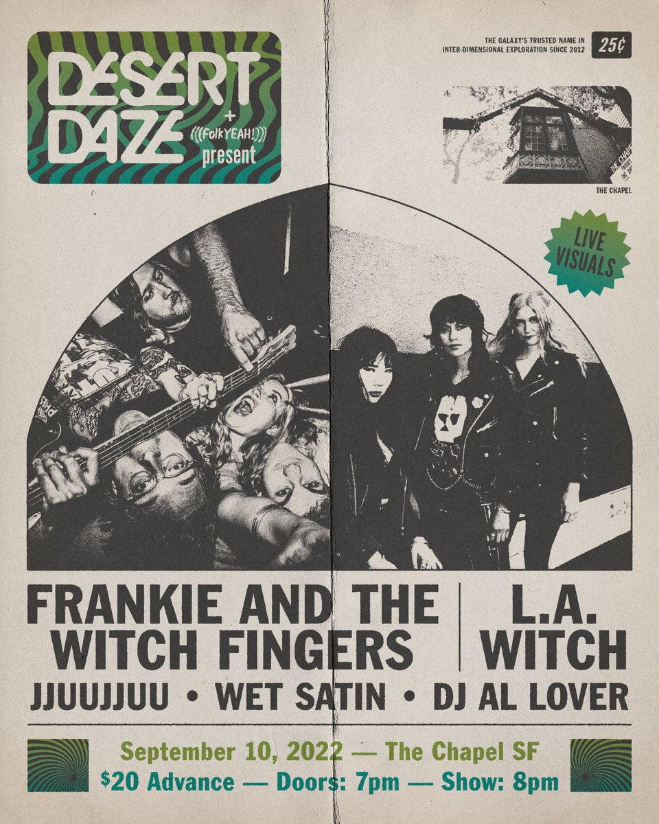 TONIGHT 9/10! Get a taste of <a href="/desertdaze/">Desert Daze</a> with <a href="/thewitchfingers/">Frankie and the Witch Fingers</a> + <a href="/LA_WITCH/">L.A. WITCH</a> + @JJUUJJUU + <a href="/wet_satin/">Wet Satin</a> + <a href="/coolallover/">Al Lover</a>! ✨ Tix: bit.ly/3cYNxfL