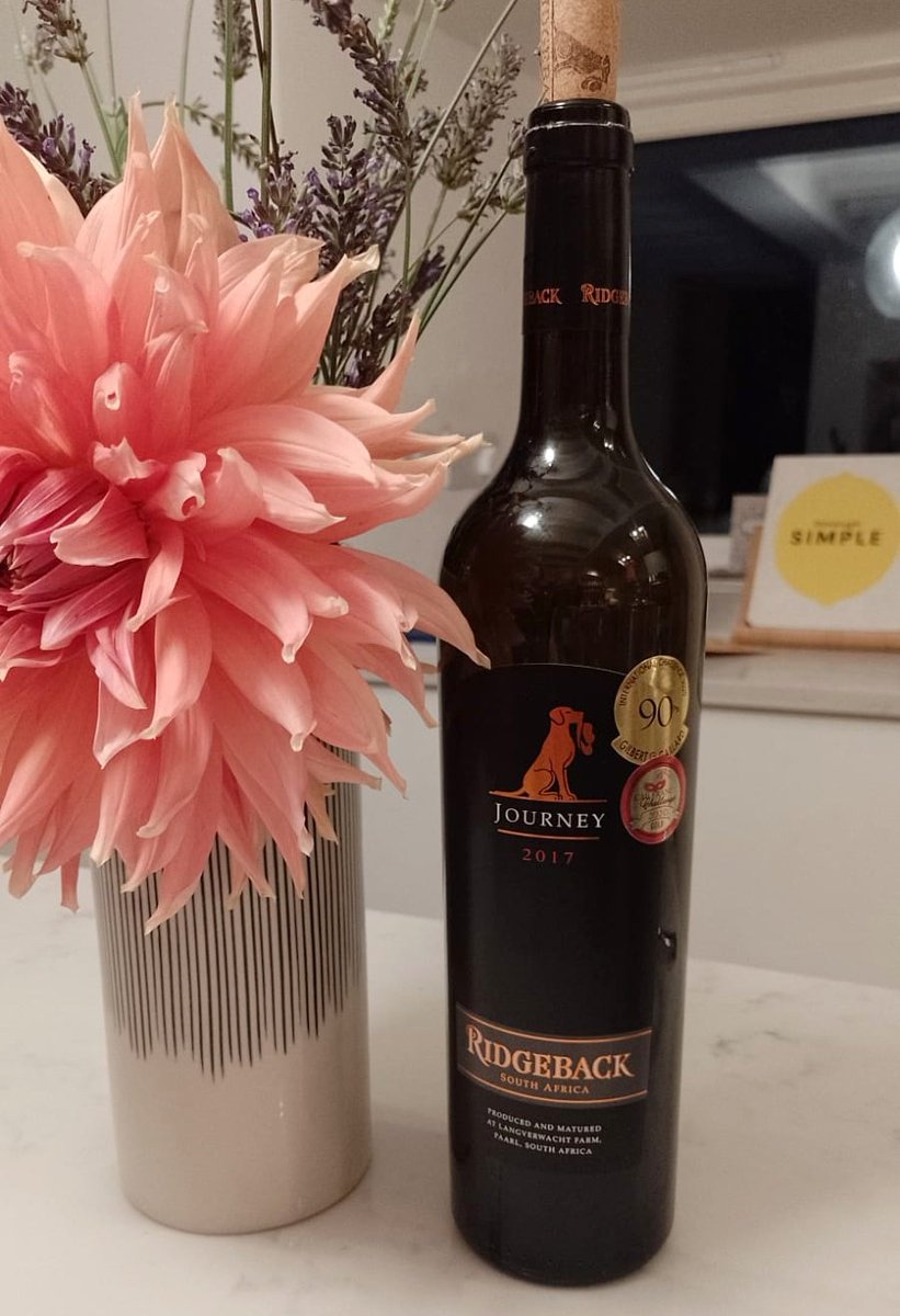 A bottle of Ridgeback Journey Red and treasures from our garden: lavender and the one and only dahlia flower this year!