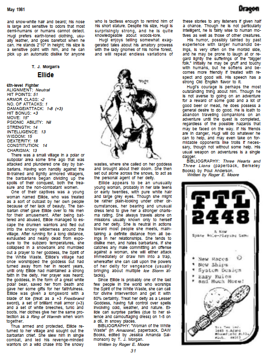 CalstaffTheGold's tweet photo. In Dragon #49 (May/81), Roger E. Moore stats out three more characters from fiction in this installment of "Giants in the Earth": Holger Carlsen, Hugi, & Ellide.
#1e #ADnD #CharacterStats https://t.co/ndnDQWIGES