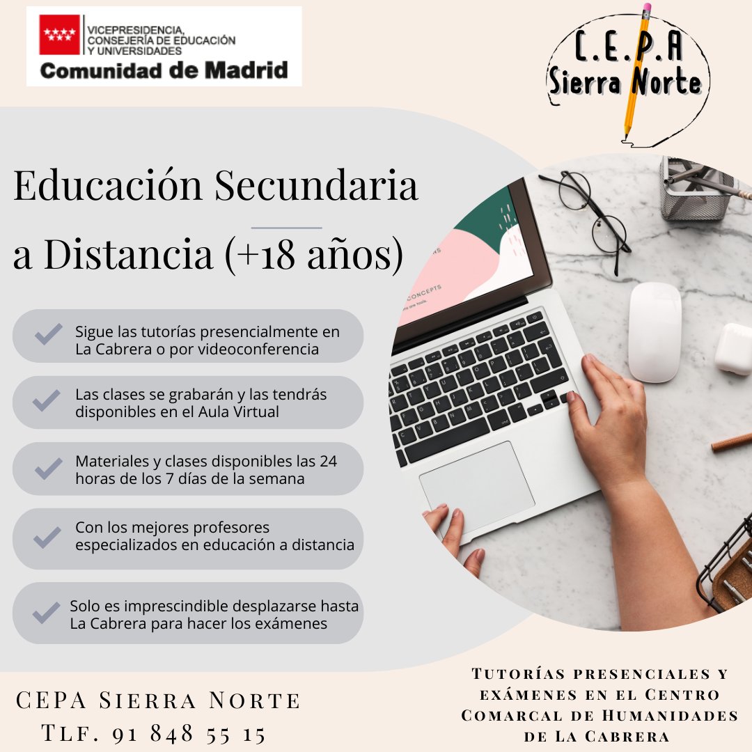cepasierranorte's tweet photo. Estudia la Educación a Secundaria a Distancia para adultos. Tutorías en formato híbrido facilitando tanto seguirlas presencialmente como por streaming.
Educación adaptada al siglo XXI.
Enseñanza gratuita https://t.co/ps0kiKfbxd