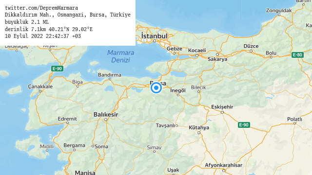 Dikkaldırım Mah., #Osmangazi, #Bursa, Türkiye
büyüklük 2.1 ML (5 dk önce)
derinlik 7.1km 40.21°N 29.02°E
10 Eylül 2022 22:42:37 +03
#deprem