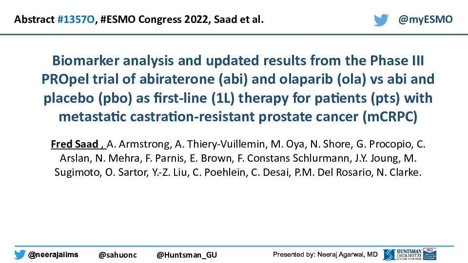 sahuonc's tweet photo. #ESMO22 @myESMO Abs# 1357O: Updated results from the Phase III PROpel trial showed rPFS benefit of using AAP + olaparib in non-HRRm, HRRm, &amp; BRCAm status; HR 0.76, 0.50, and 0.23, respectively in mCRPC #prostatecancer. https://t.co/fdchCJmoO6. @neerajaiims @OncoAlert @urotoday https://t.co/A4xM8WUdyB