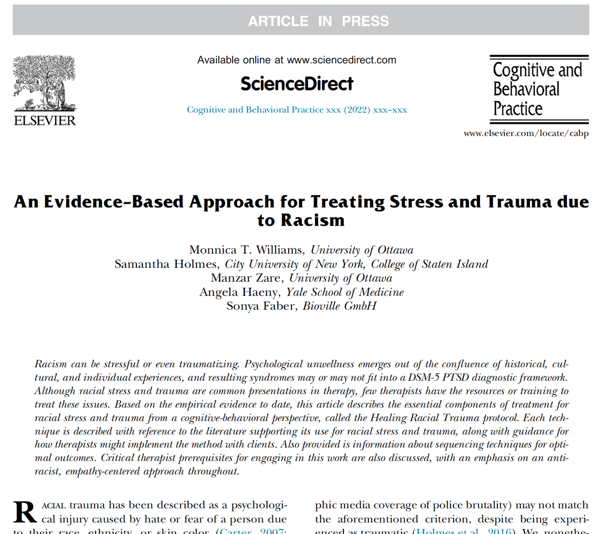 Calling all therapists! I'm excited to announce our latest publication - Evidence-Based Approach for Treating Stress and Trauma due to #Racism using CBT. Yes, it's about time! Free download here for the next 45 days: authors.elsevier.com/a/1fiWA3r2xhxg… @DrMonnica