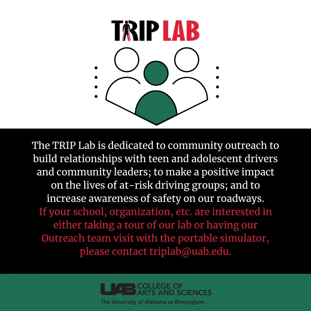 UABTRIPLAB's tweet photo. Call 205-975-9440 or email triplab@uab.edu  if you are interested in having our Community Outreach Team visit your school or organization! Thanks to the generosity of our sponsors, we are able to provide FREE programing about safe driving to the students of Alabama.  #UAB #drive https://t.co/4JUoyTZihB
