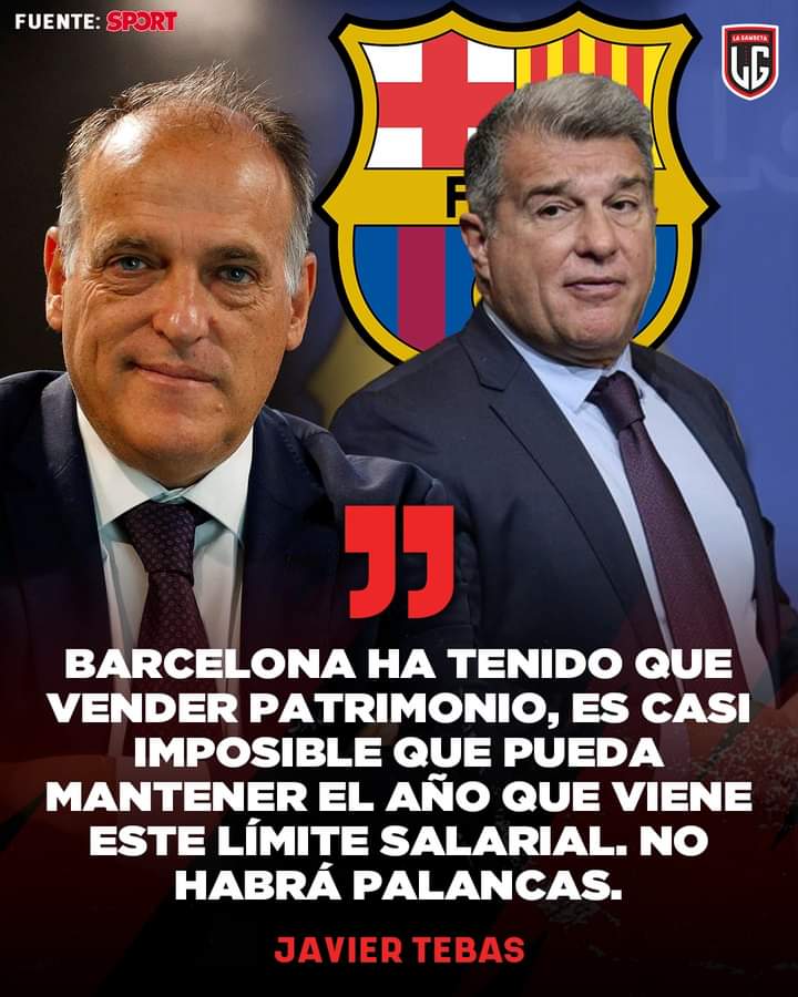 yuni_jg's tweet photo. 🗣️"Barça tiene que disminuir la masa salarial. El año que viene no habrá palancas y tendrá que reducir el límite salarial que puede corresponderle, que será de 400 millones de euros. O hacen más palancas, venta de jugadores o reducen masa salarial
#OutTebas #FueraTebas https://t.co/79H9blG4lI
