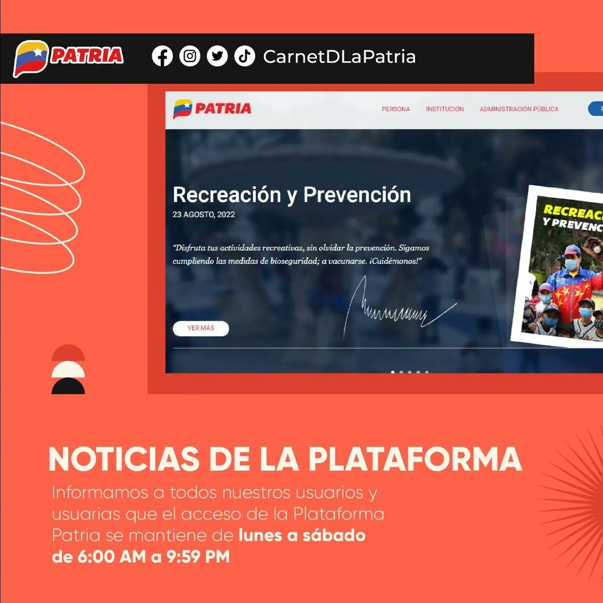 CarnetDLaPatria's tweet photo. #IMPORTANTE Noticias de la  Plataforma. 
El #SistemaPatria informa a nuestros usuarios y usuarias, que continuará las labores de mantenimiento para los días domingo.

Te mostramos las funciones afectadas y no afectadas 👉

#PotenciaMoralYPolítica #10Sep https://t.co/EANmelrVz0