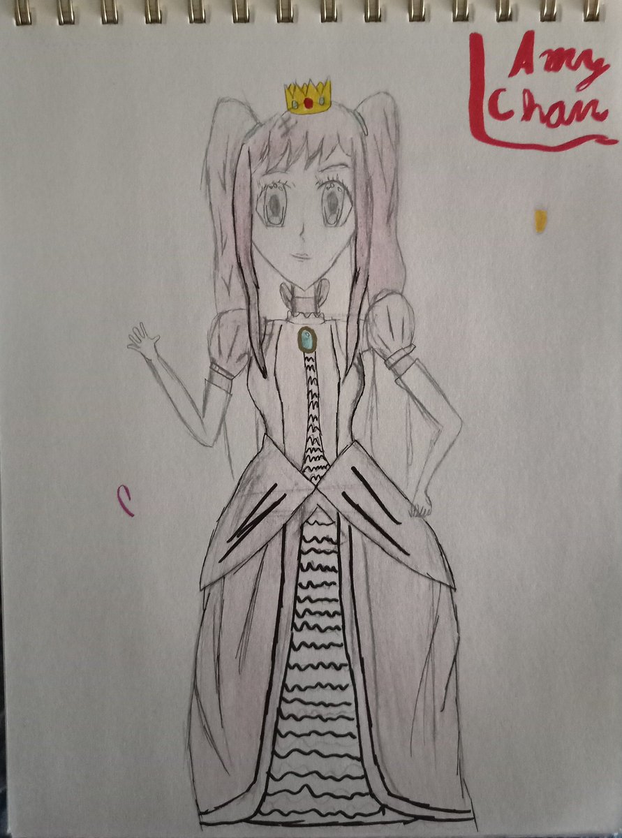 Outer_GalaxySam's tweet photo. Here is Amy Chan she's kinda a combination of Peach and Amy Rose. Looks okay, but my mom messed with her eyebrows a bit don't like it too much. 😂

#AmyChan #Amy #AmyRose #Peach #Combination #Princess #OC #Pink #Drawing #Paper #Pencil https://t.co/Ip6cWrjney