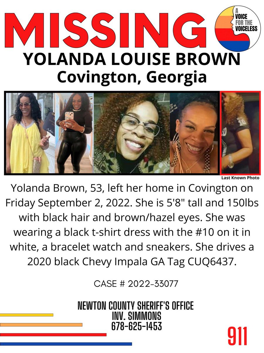 AwarenessTCS's tweet photo. #YolandaBrown went #Missing #Covington #Georgia Friday 9/2/22

Drives a 2020 black Chevy Impala GA tag CUQ6437 
Last seen wearing black T-shirt dress w/ the #10 on it in white, a bracelet, a watch, &amp; sneakers.

Newton County Sheriff's Office Investigator Simmons at 678-625-1453 https://t.co/neBul7HRqj