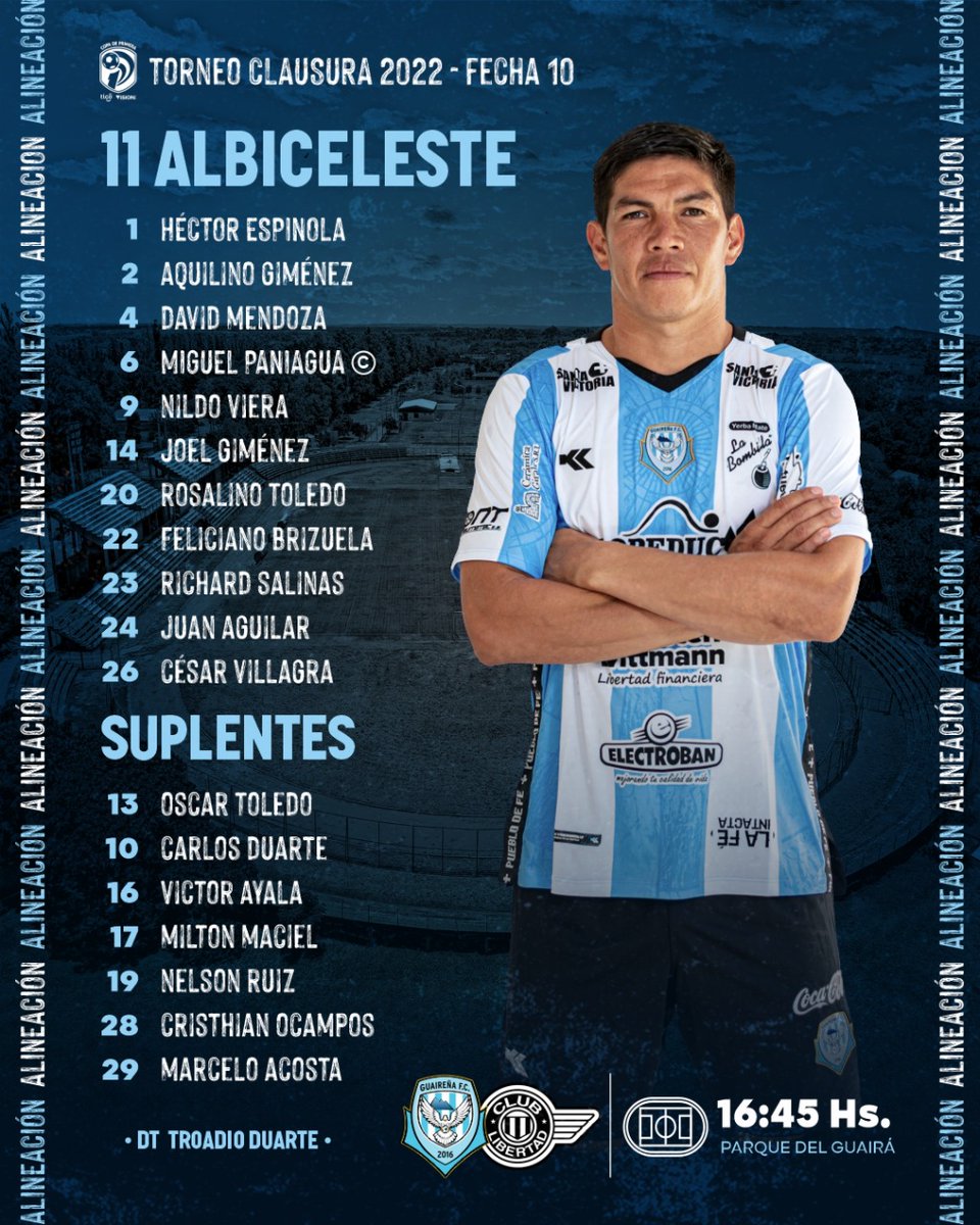 Juliosaza's tweet photo. Están confirmados los equipos:
#Guaireña vs #Libertad
#TorneoClausura 2️⃣0️⃣2️⃣2️⃣
#DecimaFecha https://t.co/ql0Uck3IVC