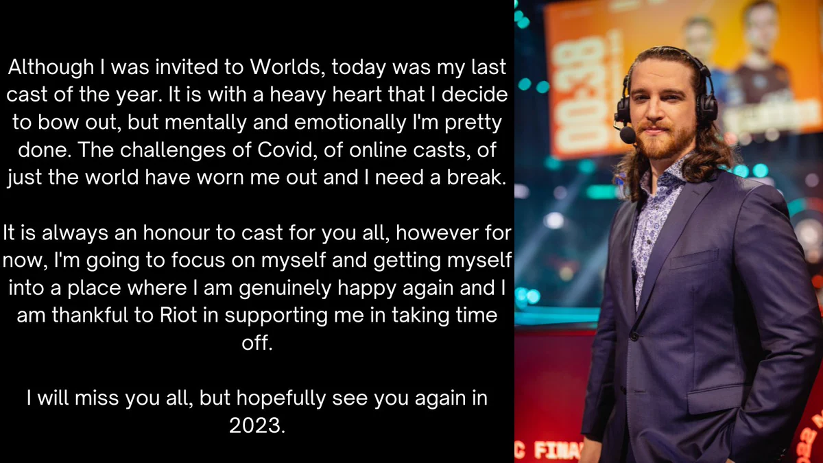 Although I was invited to Worlds, today was my last cast of the year. It is with a heavy heart that I decide to bow out, but mentally and emotionally I'm pretty done. The challenges of Covid, of online casts, of just the world have worn me out and I need a break.

It is always an honour to cast for you all, for now, however, I'm going to focus on myself and getting myself into a place where I am genuinely happy again and I am thankful to Riot in supporting me in taking time off.

I will miss you all, but hopefully see you again in 2023.
