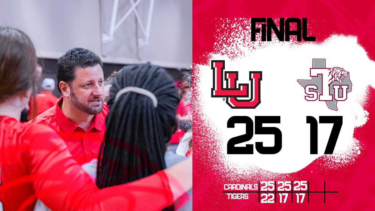 For it's 1, 2, 3 sets. A sweep for good ol' Big Red. Cards win the third set 25-17. LU back in action this Wednesday on the road to Prairie View. #WeAreLU