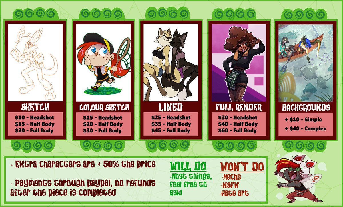 Commissions are open! I'll only be taking 2 slots at a time for my own sanity; retweets are greatly appreciated as always! Feel free to DM me for any questions :)