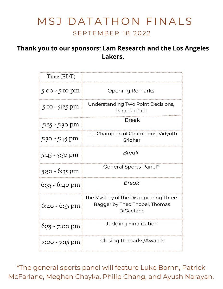 ClubMsj's tweet photo. We are excited to announce that our final Datathon event will be held virtually, on Zoom, on September 18th, at 2 PM PT. We will have a general sports panel that consists of top analysts in the industry covering sports like basketball, baseball, football, and hockey.  (1/2) https://t.co/RmtH8AddTj