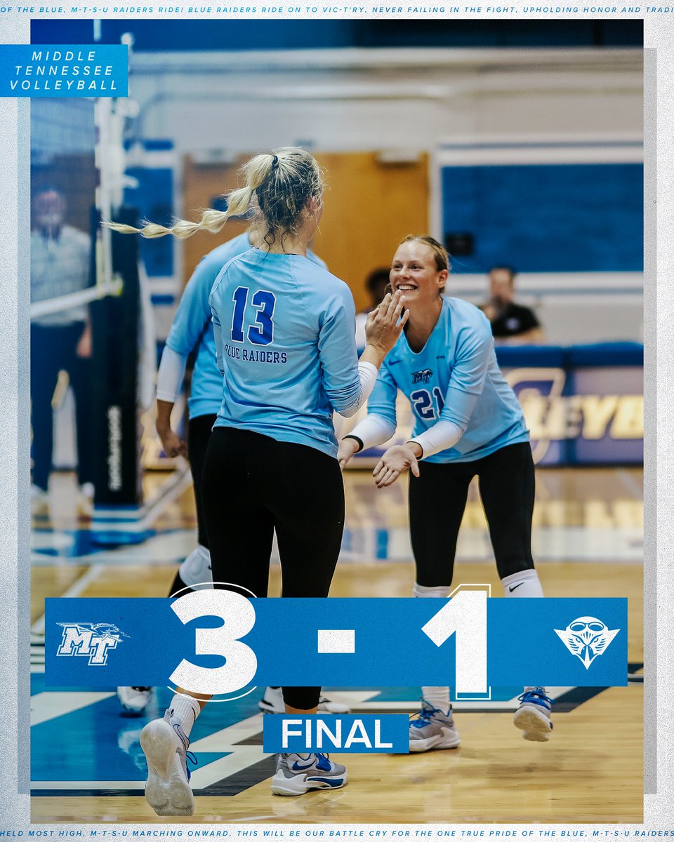 MT_Volleyball's tweet photo. Put the word out, WE UP! 🗣️

MTSU is your 2022 Blue Raider Invitational Champions! The Blue Raiders went 3-0 and closed the weekend out with 3-1 win over the Skyhawks!

#BLUEnited | #TrueBlue https://t.co/9MzCRoD1uz