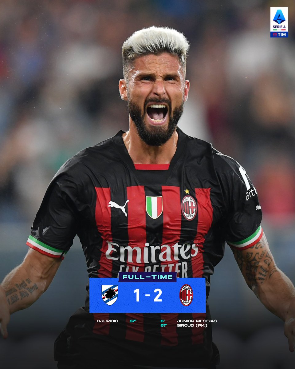 SerieA's tweet photo. ⏱️ FT |  Il @acmilan, nonostante l'uomo in meno, porta a casa 3️⃣ punti importanti da Genova! 💥

#SampMilan 1️⃣-2️⃣ https://t.co/GJycgmJfXE