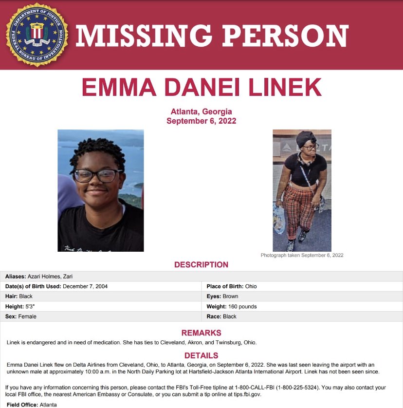 Missing black teenager from Ohio last seen at Hartsfield-Atlanta Airport with unknown male on 9/6/2022!

#EmmaDaneiLinek #MissingBlackgirls