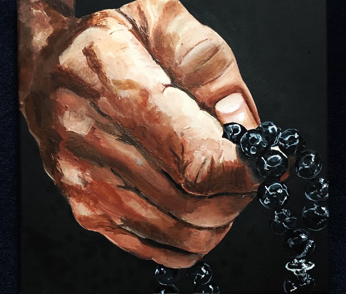 Next time you feel the reassuring slide of one bead as is embraces the other on a string between your fingers, remember that someone in a far away place from a far away time did the very same thing for the same reason, and be humbled. 
Humbled-30cmx30cm-Acrylic on canvas by Ghia
