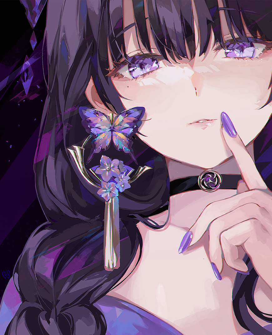 raiden shogun 1girl solo purple nails mole purple eyes purple hair choker  illustration images