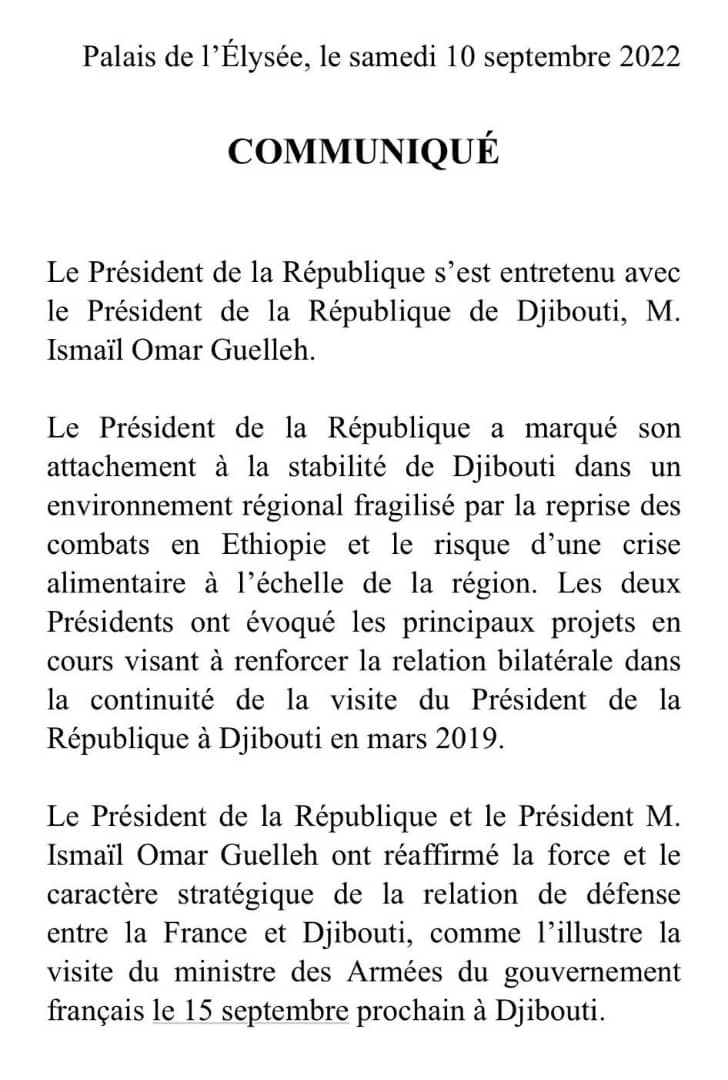 23Kidar's tweet photo. #Djibouti

Communiqué du plais de l'Elysée
Le president de la république française s'est entretenu avec son homologue le président de la république de Djibouti. https://t.co/MrZ4sXZW0h