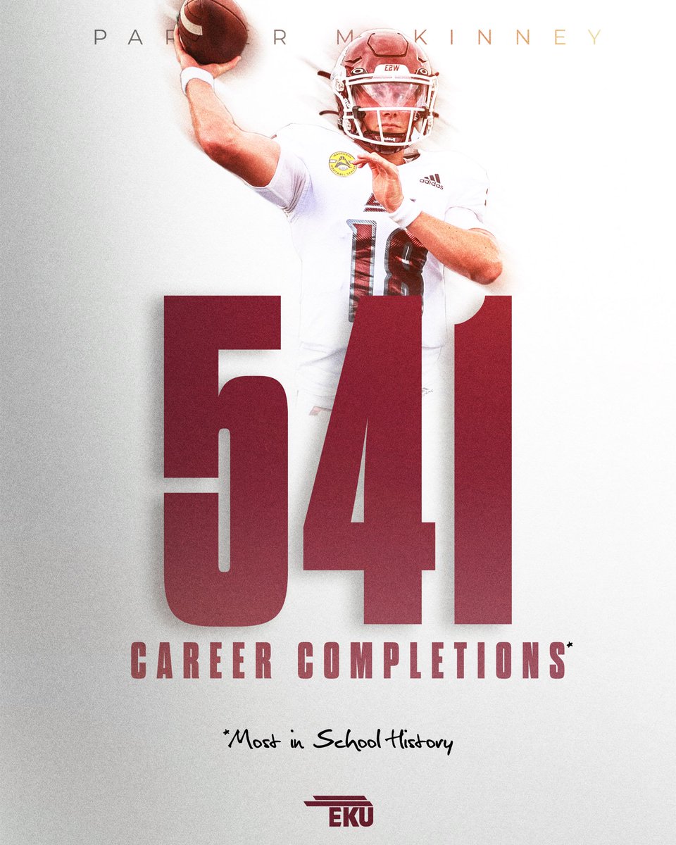 EKUFootball's tweet photo. SCHOOL RECORD » Completions

@Parker_Mckinney has now completed more passes than any QB in EKU history!

541 and counting...

#E2W | #MatterOfPride https://t.co/BYm8VC675A