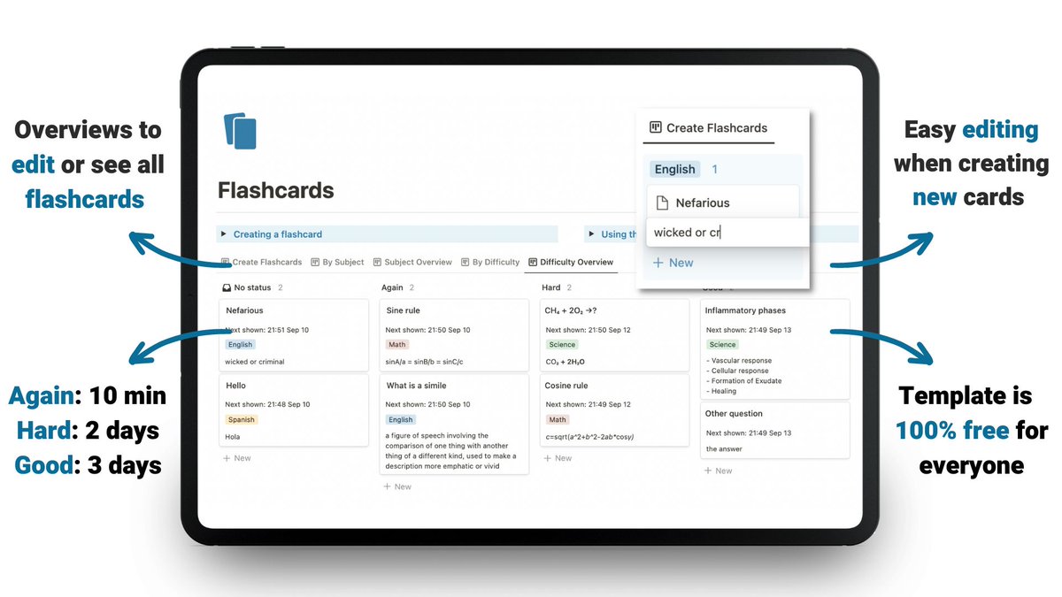 I've made a free, spaced repetition flashcard template for you.

Works just like Anki!

Retweet and reply 🙌 and I'll send you a link.