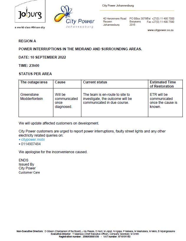 CityPowerJhb's tweet photo. Region A #MidrandOutage

We've sent out a team to investigate and attend to an outage affecting #Modderfontein #Greenstone.

^DR https://t.co/7RCQOSSVJa