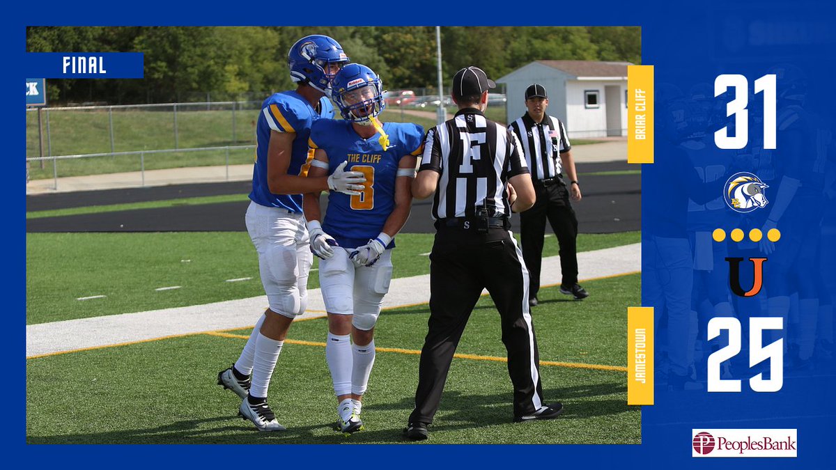 bcuchargers's tweet photo. FINAL | @BriarCliffFB 31, Jamestown 25

Davies 36-for-46, 397 yards,  4 TDs
Nelson 10 catches, 125 yards, 1 TD

#BattleOn #GPACscores https://t.co/0dVXBmlyFP