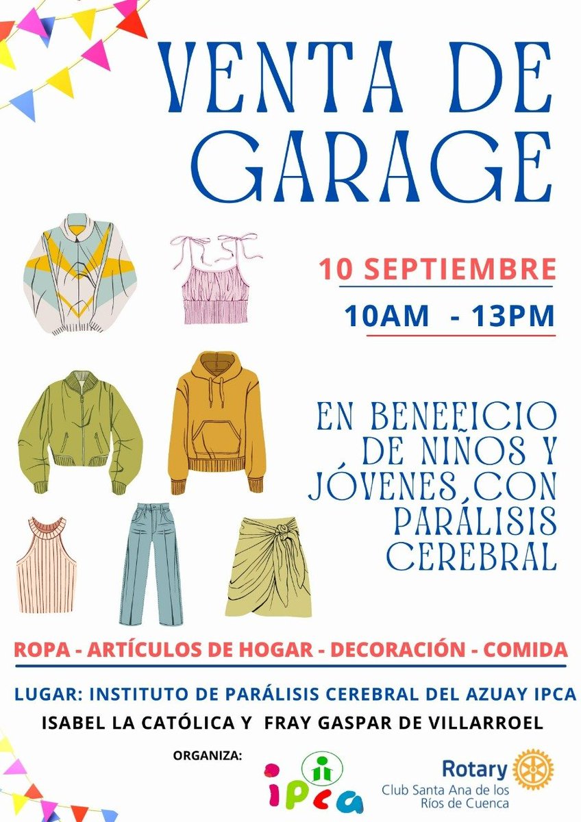 FAzuay2's tweet photo. Nuestra Compañera @albuja_ximena Vicepresidenta del CLUB ROTARIO SANTA ANA DE LOS RÍOS DE CUENCA⁩ informó que la venta de GARAJE realizada hoy en favor de los Niños y Jóvenes con Parálisis Cerebral fue un éxito con la presencia de su Presidente @VelezV10 y miembros de este Club https://t.co/274QYMstj6