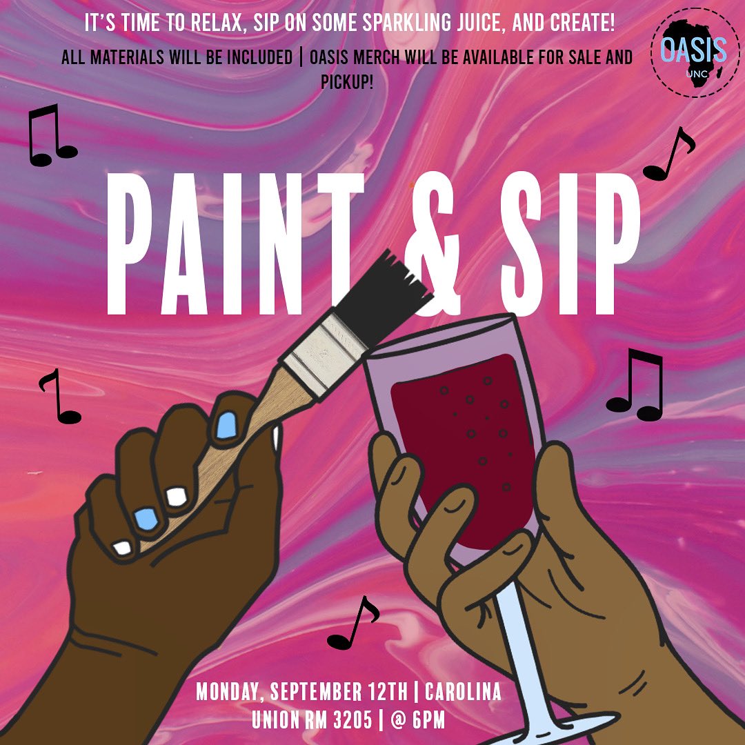Oasis presents… our Paint &amp; Sip event! 🎨 OASIS welcomes all of you to mix (paint) and mingle on Sept. 12th at Carolina Union (rm 3205) @ 6PM! Additionally, our 2022-2023 OASIS merch will be for sale as well as merch pickups, Can’t wait to see y’all there! 💙