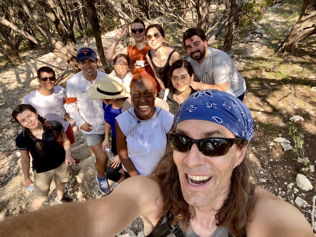 GeostatsGuy's tweet photo. Many of my graduate students (⁦@UT_PGE)⁩ joined in for a hike and potluck lunch today. A trail and home full of laughter! I’m stoked to be a #professor and to work with these amazing students! https://t.co/Yy9VCQKaLi