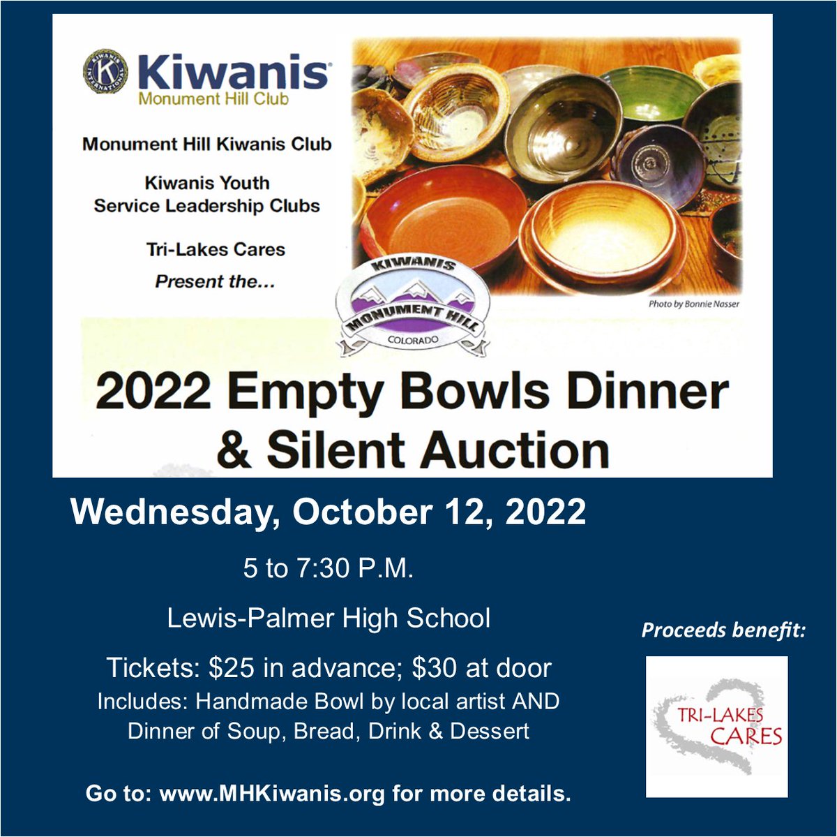 Join us Wed, Oct 12 at Lewis Palmer High for our Empty Bowls benefiting <a href="/TriLakesCares/">Tri-Lakes Cares</a> ! Tickets on sale NOW: mhkiwanis.org #KiwanisMakeADifference #SupportNeighborsInNeed