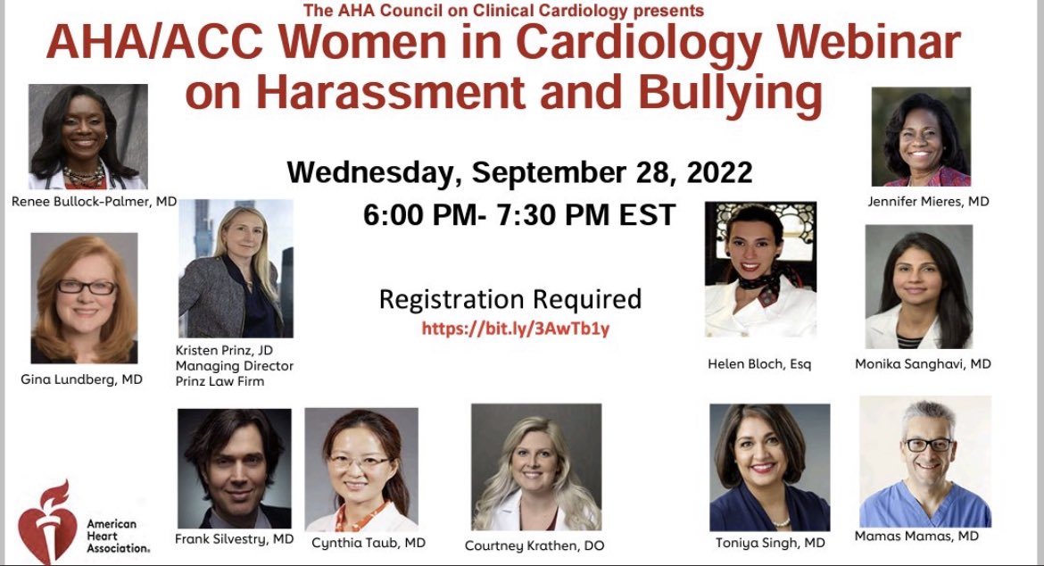 A great webinar with a very important topic: “AHA/ACC Women in Cardiology Webinar on Harassment and Bullying” on Sept 28th, 6-7:30pm EST. Register here: bit.ly/3AwTb1y . @AHAScience @ACCMaryland @GarimaVSharmaMD @MMukherjeeMD @gina_lundberg @DrToniyaSingh @mmamas1973